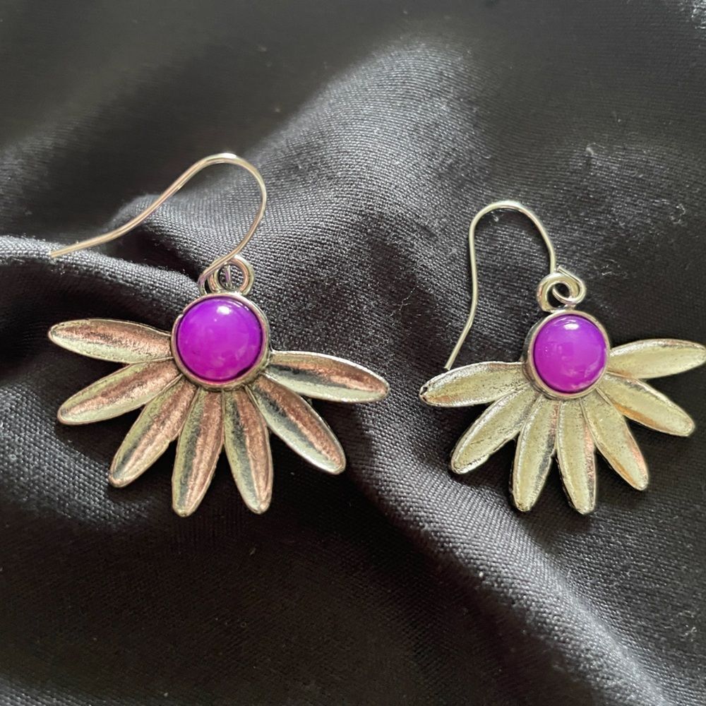 Purple and silver fan flower stone drop earrings flowers new gift